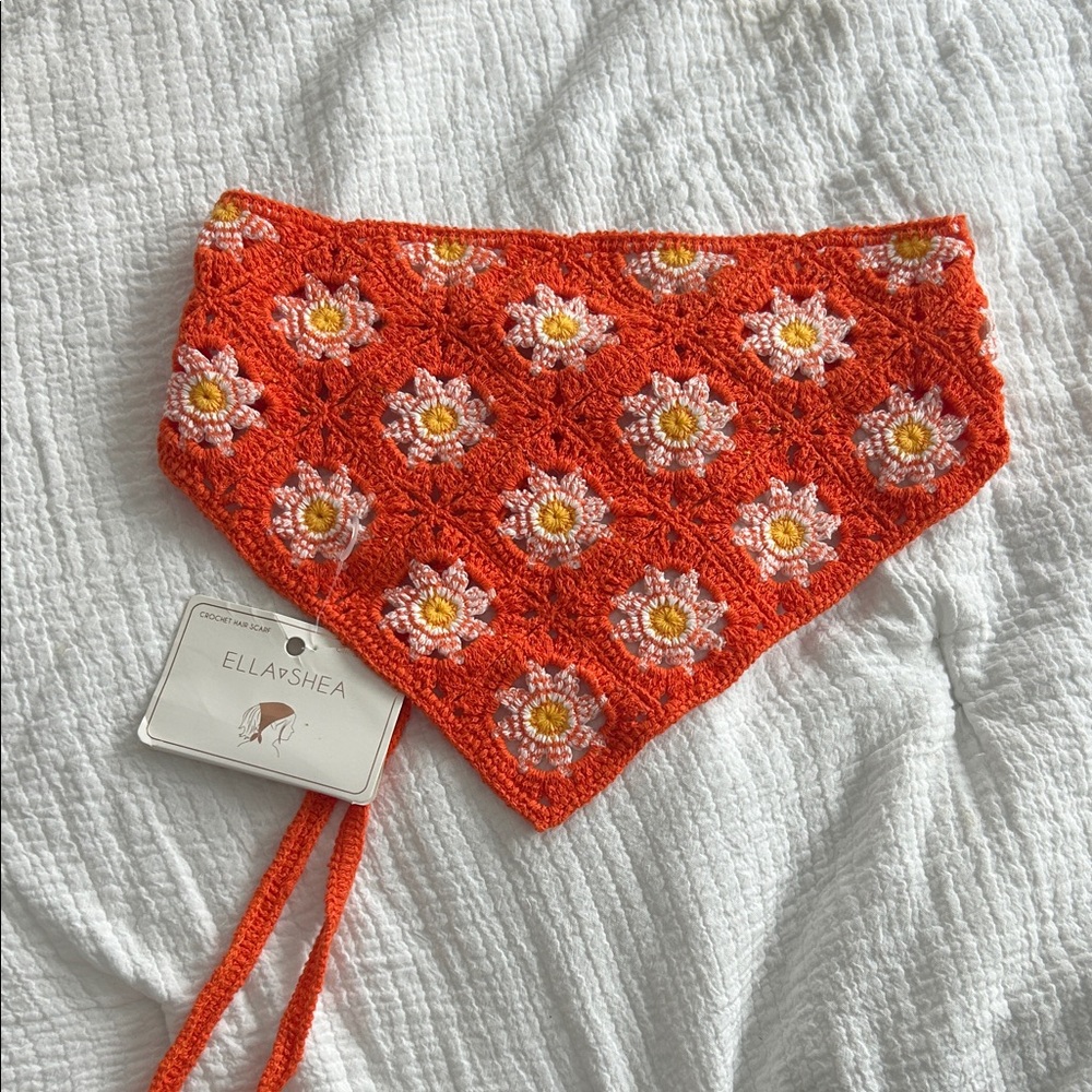 NWT Orange Flower Granny Square Crochet Hair Scarf